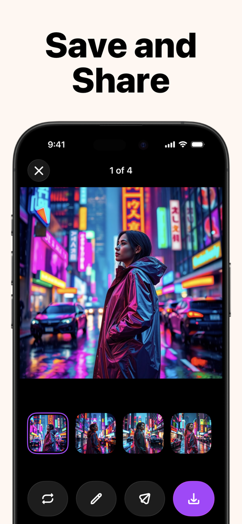 サイバーパンク画像と、保存および共有オプションを表示するAIフォトジェネレーターインターフェース