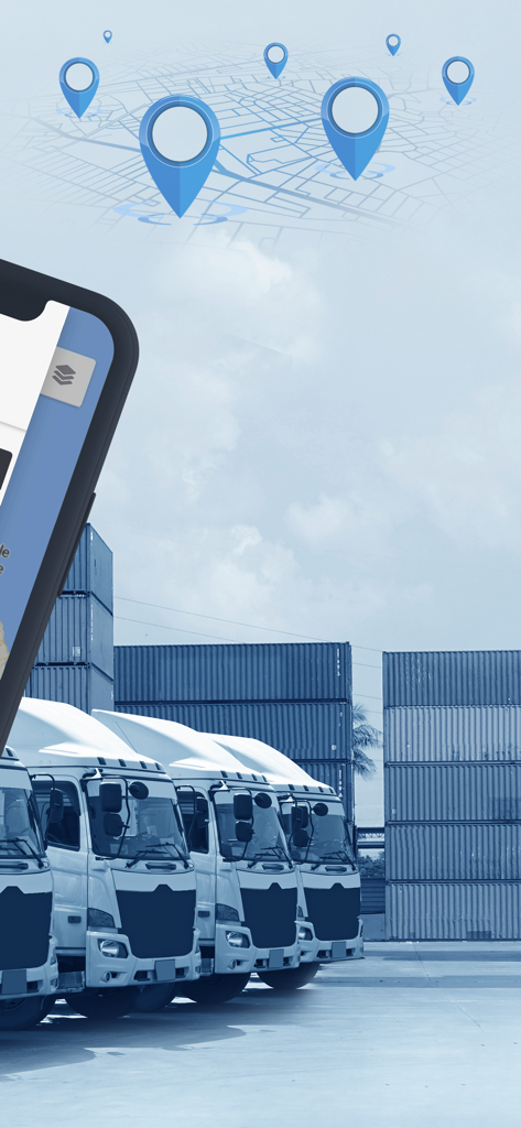 GPSLive app interface showing location pins over a fleet of delivery trucks and shipping containers