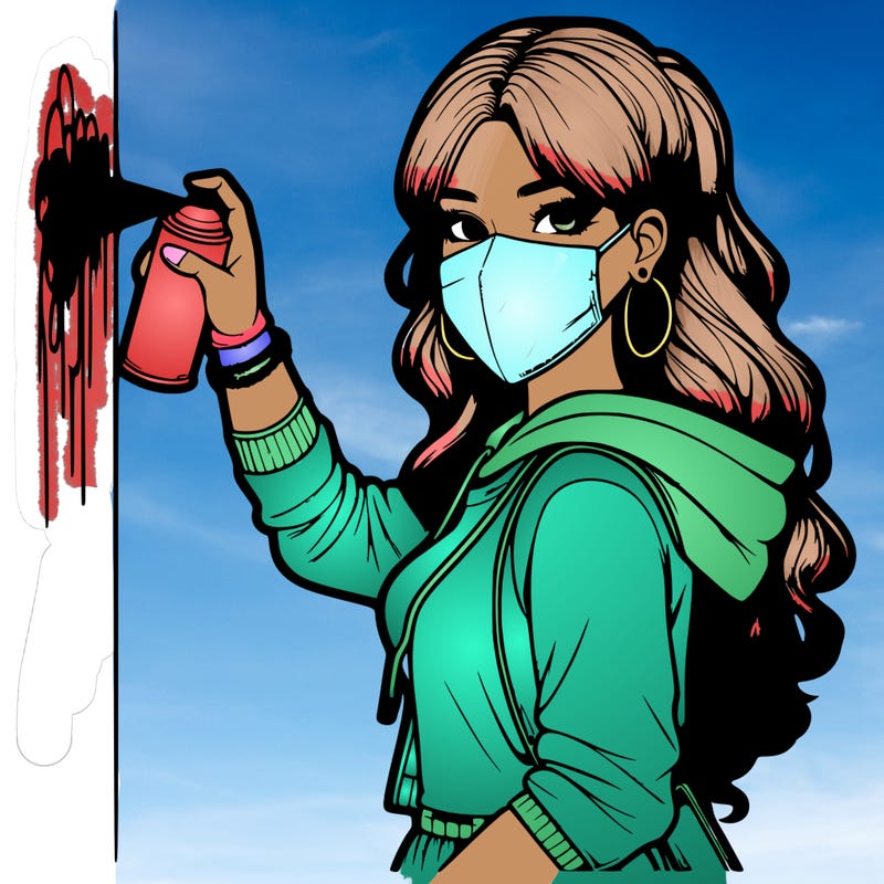 realistic girl with mask spray painting a wall