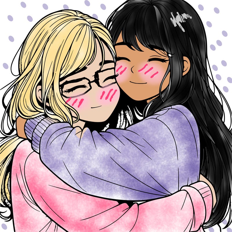 realistic two girls hugging