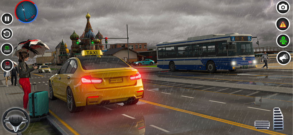 Taxi Simulator City Taxi Games - Yellow taxi car picking up a passenger in a rainy city street in a driving game