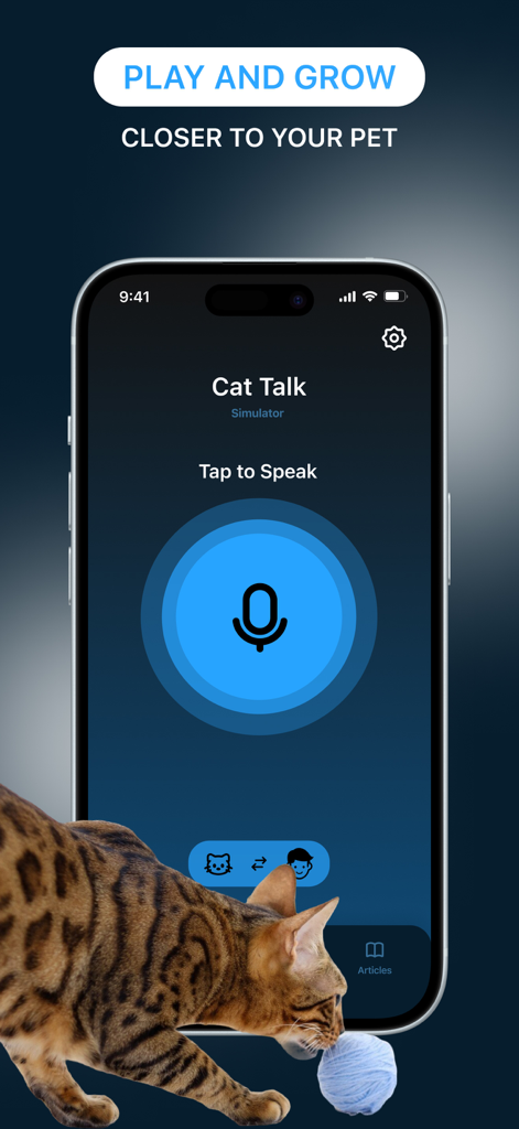 Animal Sound: Training Clicker - iPhone画面に「話すためにタップ」ボタンと、毛糸で遊ぶ猫が表示されたキャットトークシミュレーター機能が表示されている