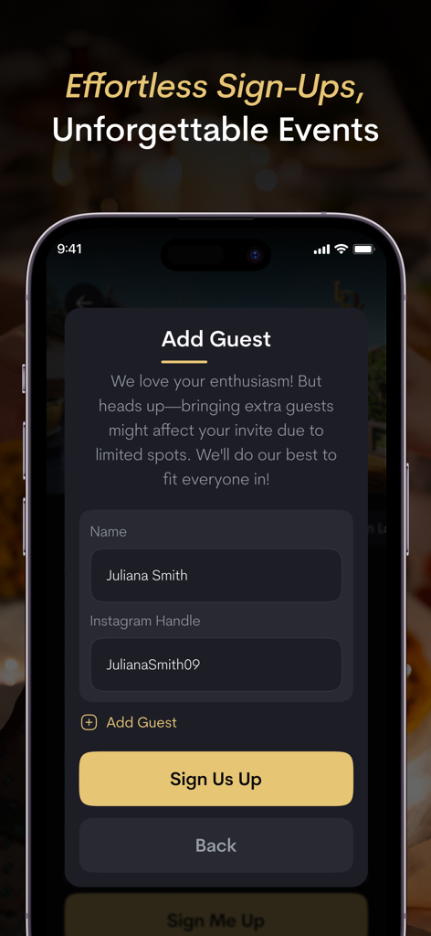La dolce vita entertainment - Schermata dell'app mobile per aggiungere il nome di un ospite e l'handle di Instagram a una registrazione di evento
