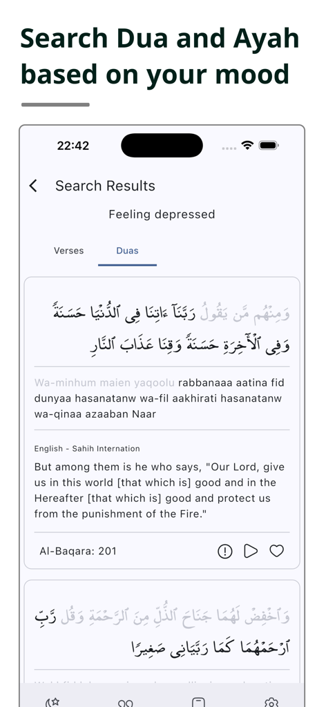 Quran - Ayah Finder - Mobile app interface showing search results for Quranic Duas based on feeling depressed