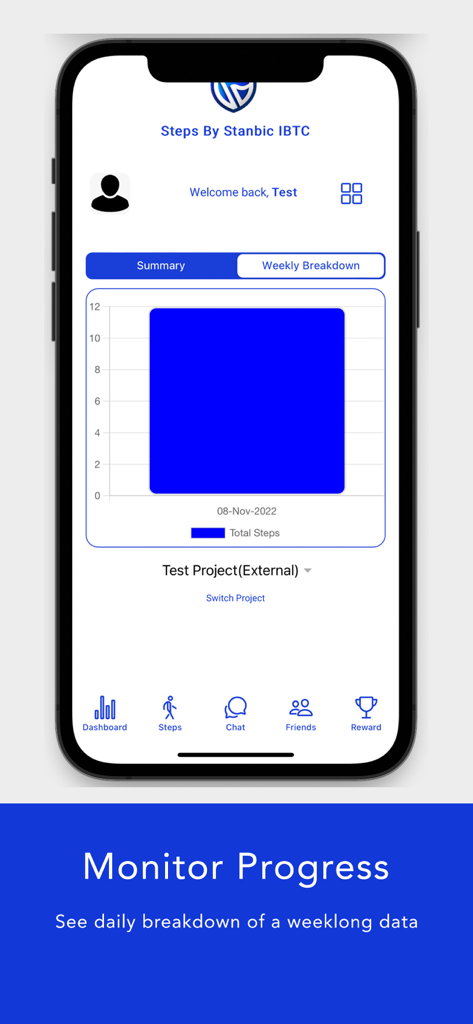 A mobile interface of the Steps By Stanbic IBTC app showing a bar chart for total steps summary and a navigation menu to monitor fitness progress.