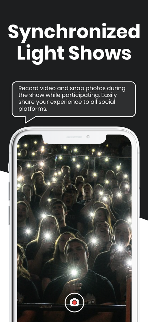 CrowdFX - CrowdFX app interface showing a synchronized light show feature with fans in a stadium using their phone flashes to create a coordinated visual display.