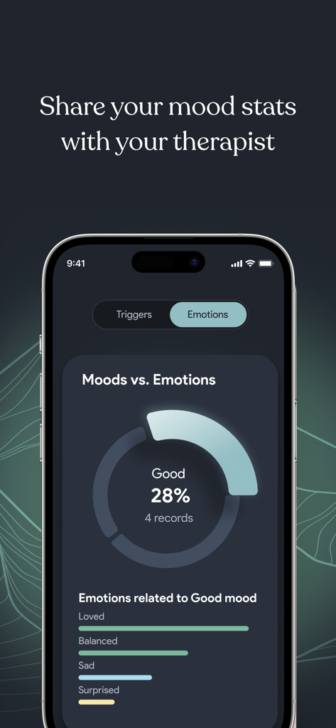Mood AI - Daily journal - Mood AI App-Oberfläche mit Stimmungs- und Emotionsstatistiken zum Teilen mit einem Therapeuten