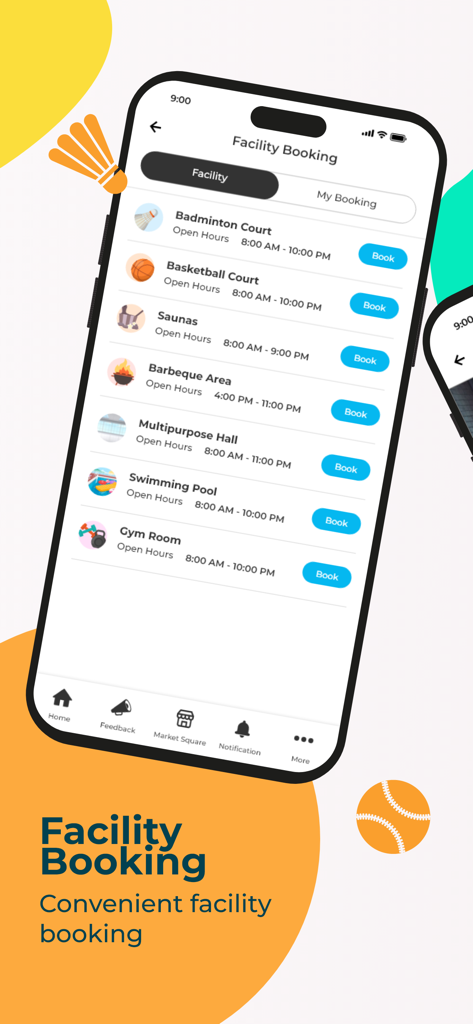 i-Neighbour - i-Neighbour mobile app interface showing a list of residential facilities like a gym and swimming pool available for resident booking