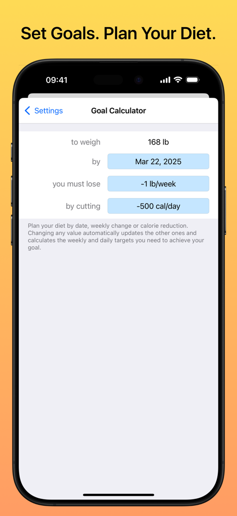 Weight Diary Lite - Weight Diary Lite app goal calculator interface showing weight target and daily calorie reduction plan