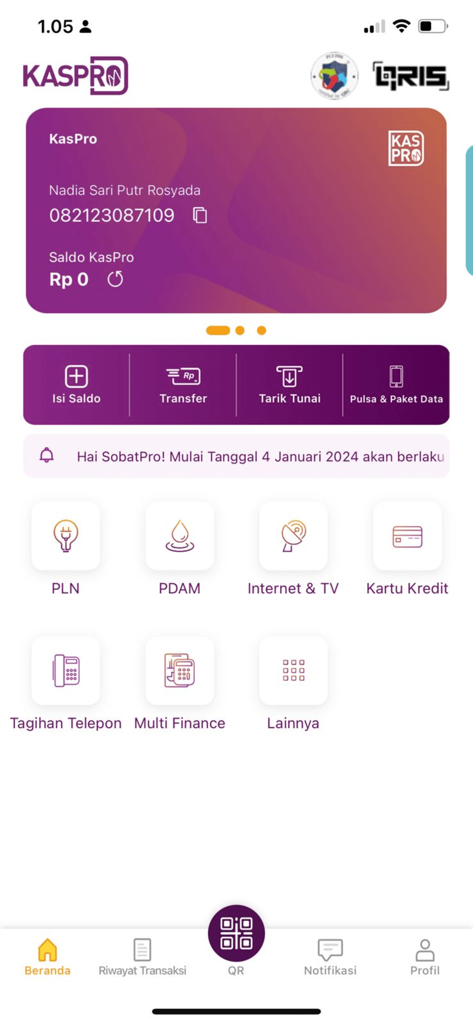KasPro - A tela inicial do aplicativo KasPro apresentando o saldo da carteira digital e vários ícones de serviço de pagamento.