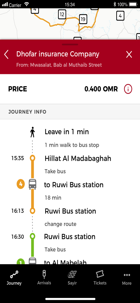 Mwasalat - Mwasalat app showing bus route information and ticket price for travel in Oman