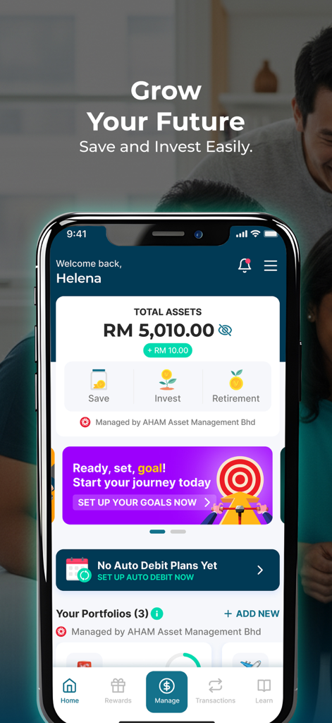 Versa mobile app home screen showing total assets and investment portfolio options