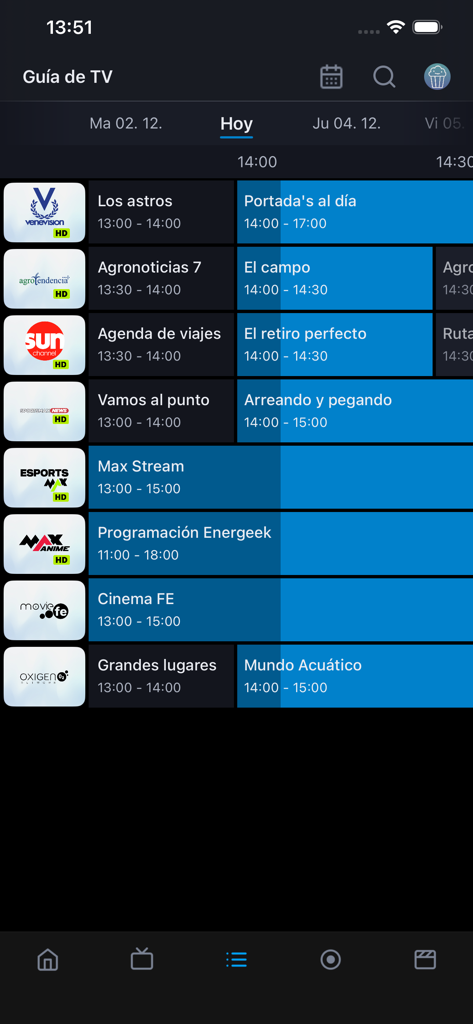 Movistar GO - Interfaz de la aplicación Movistar GO que muestra una guía de TV con una lista de canales en español en vivo y sus horarios de programación.