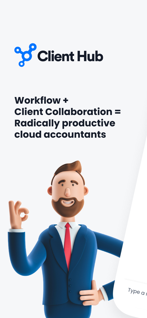 Écran de démarrage de l'application Client Hub avec un professionnel cartoon et un texte sur la comptabilité cloud productive grâce au flux de travail et à la collaboration client