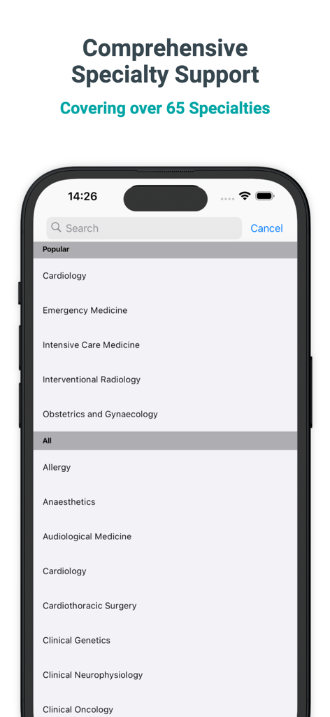 Uma lista de mais de 65 especialidades médicas no aplicativo Logitbox, incluindo Cardiologia e Medicina de Emergência.