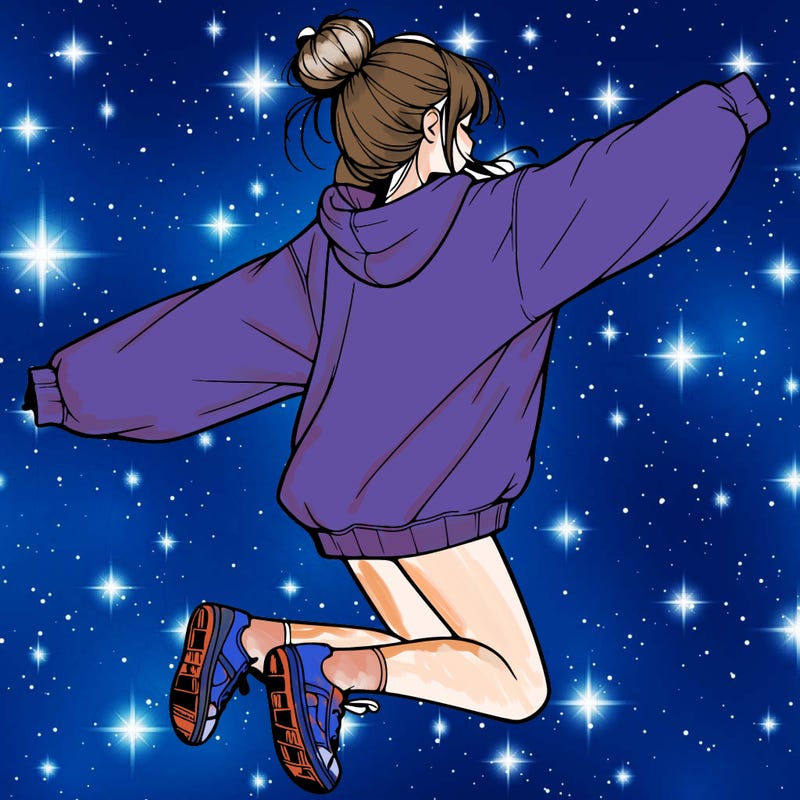 realistic girl jumping with a bun and oversized sweatshirt