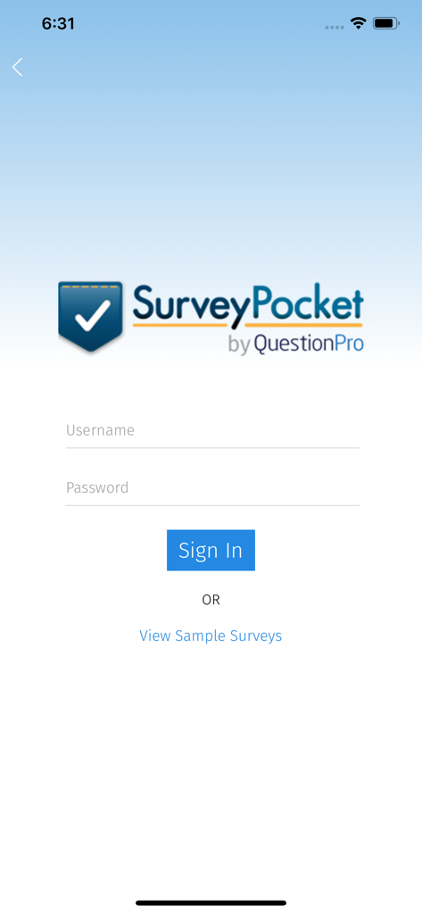 SurveyPocket - Offline Surveys - SurveyPocket offline surveys app login interface with username and password fields