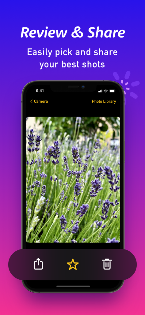 Review and share screen in the Macro by Camera plus app featuring a sharp macro photo of lavender flowers.