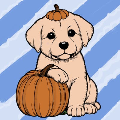 a realistic puppywith a pumpkin on his head