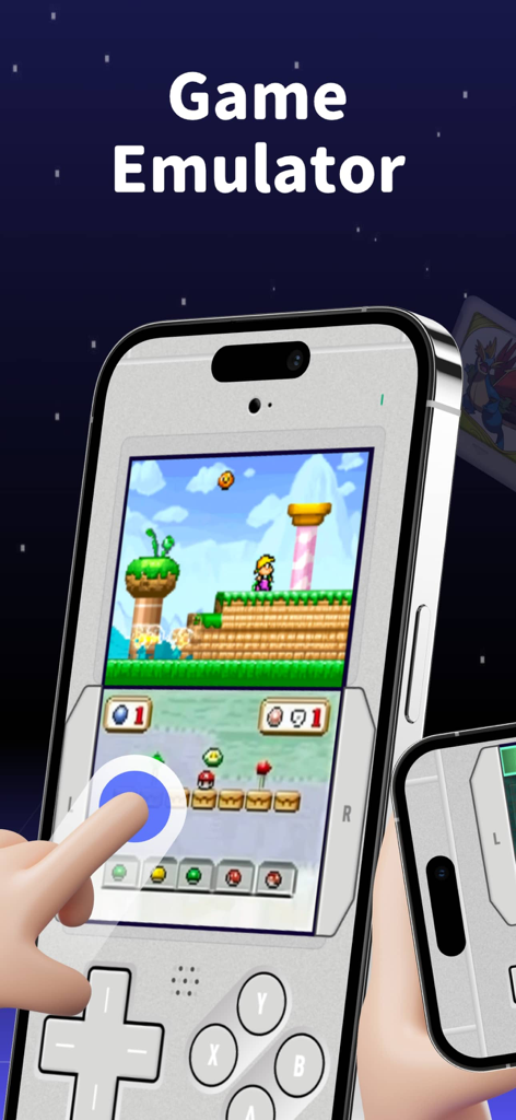 Game Emulator - RePlay - Écran de smartphone affichant un jeu de plateforme rétro dans Game Emulator RePlay.