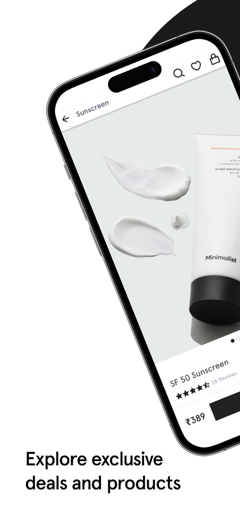 Pantalla de smartphone que muestra la página de producto de la app Minimalista para protector solar SPF 50.