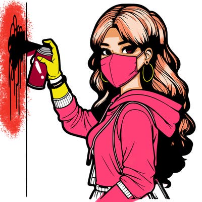 realistic girl with mask spray painting a wall