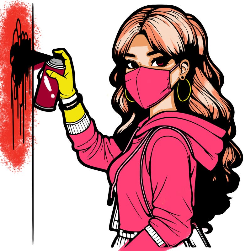 realistic girl with mask spray painting a wall
