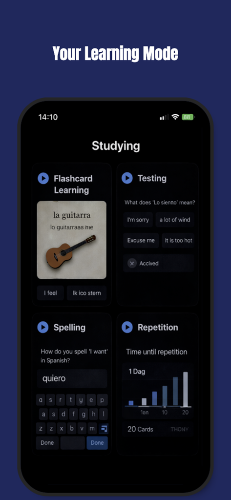 Interfaccia dell'app Studiare che mostra le funzioni di Test di Apprendimento Flashcard, Ortografia e Ripetizione.