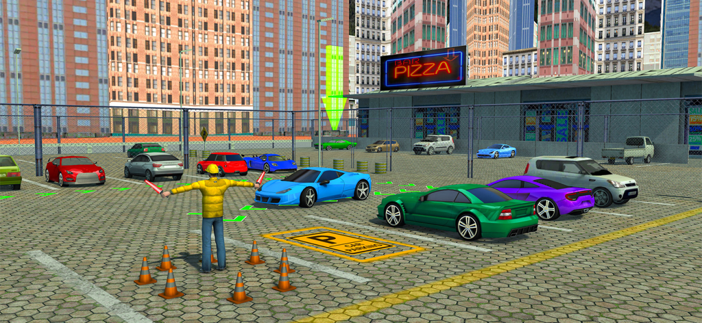 Car Parking: 3D Driving Games - Un aparcacoches dirigiendo coches deportivos de colores en una zona de aparcamiento de la ciudad en un juego de simulador 3D.