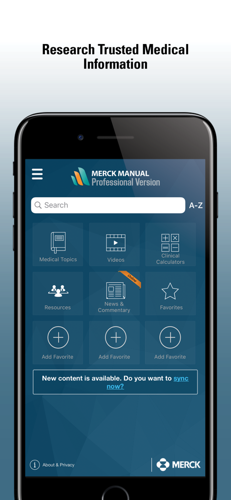 Home screen of the Merck Manual Professional app featuring search and clinical resource categories