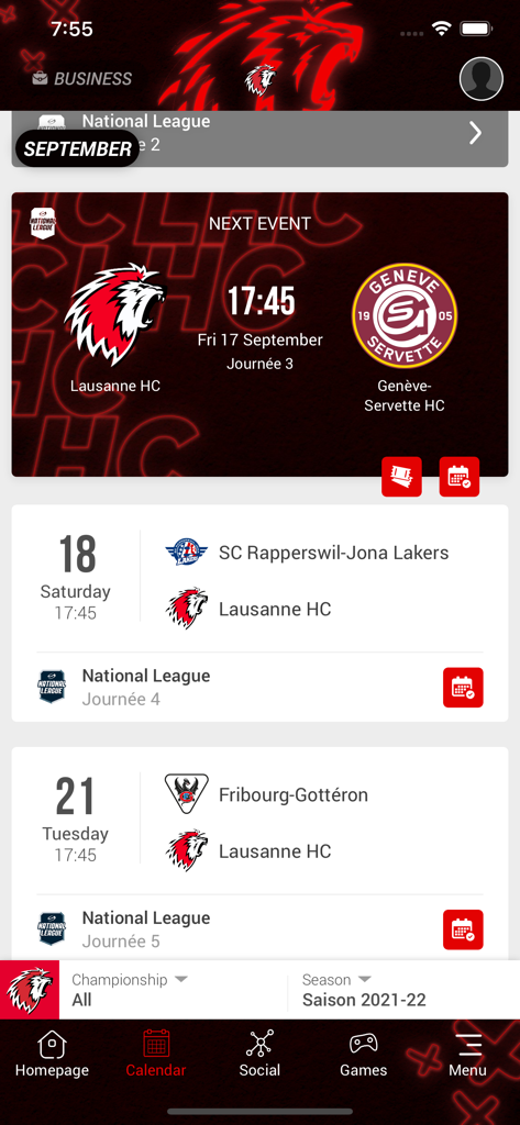Lausanne HC - App mobile Lausanne HC che mostra il calendario delle prossime partite di hockey e il calendario delle gare.