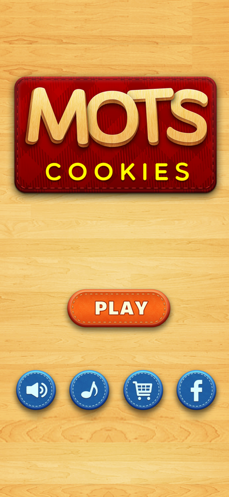 Main menu of the Mots Cookies word puzzle game with a wooden background and orange play button