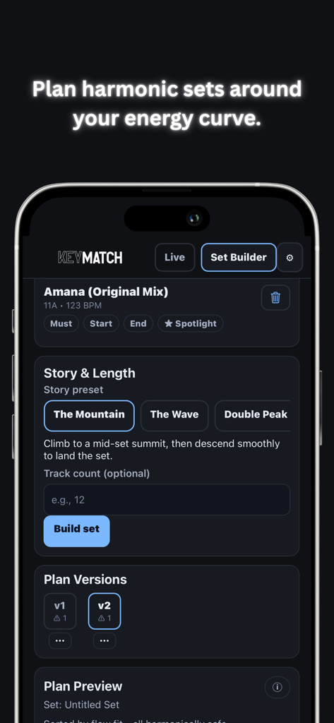 KeyMatch App-Oberfläche, die das Set Builder-Tool mit Energiekurven-Voreinstellungen und harmonischen Planungsoptionen zeigt.