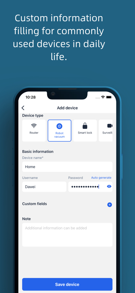 PasswordSafe -Password Manager - Interface of the PasswordSafe app showing how to add and store passwords for smart home devices like routers and robot vacuums.