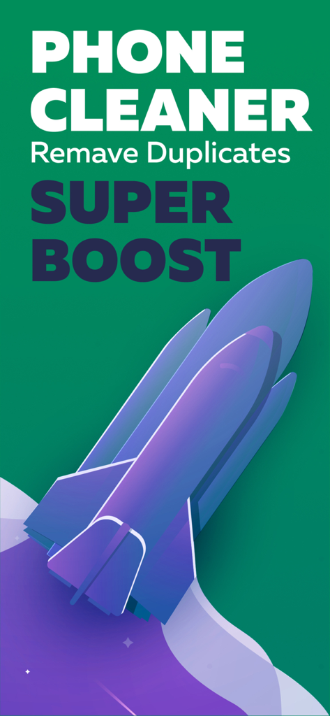 Smart Cleaning to Boost Mobile - 緑色の背景にロケットのアイコンが表示され、携帯クリーナーアプリの重複削除とモバイルパフォーマンス向上機能を表しています