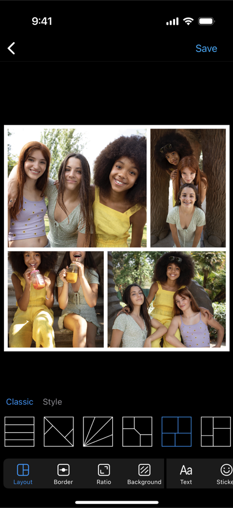 Layout for Instagram: Collage - Mobile app interface for creating a photo collage with multiple grid layout options