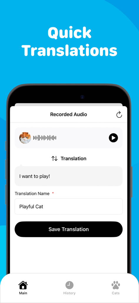 “놀고 싶어요”라고 번역된 녹음된 고양이 야옹 소리를 보여주는 고양이 번역기 앱의 스마트폰 화면
