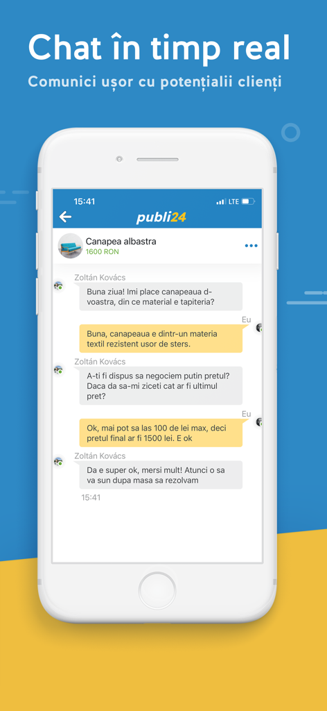 Captura de pantalla de la aplicación Publi24 mostrando la interfaz de chat en tiempo real entre un comprador y un vendedor para un listado de muebles