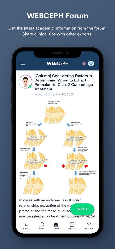 WebCeph - WebCeph forum screen showing an academic article about orthodontic treatment with dental diagrams.