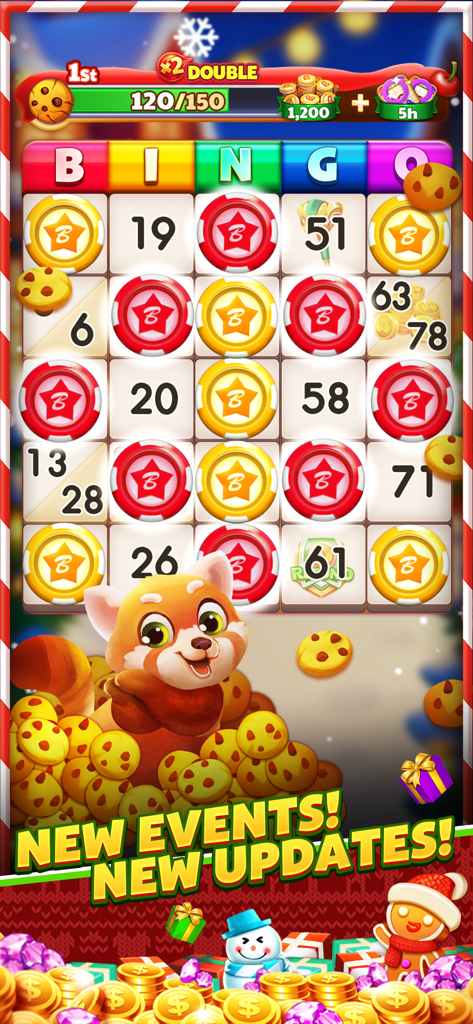 Live Party Bingo -Casino Bingo - Schermata di gioco di Live Party Bingo che mostra un aggiornamento a tema festivo con un personaggio panda rosso e una lavagna del bingo.