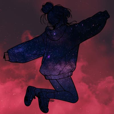 realistic girl jumping with a bun and oversized sweatshirt