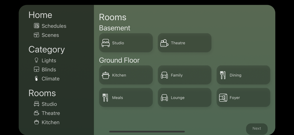 CTC SpaceLogic - Smart home room control interface in the CTC SpaceLogic app showing basement and ground floor zones