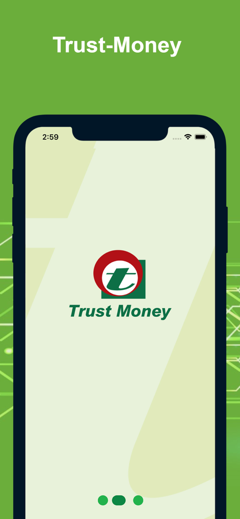 Trust-Money - Trust-Money mobile banking app splash screen displaying the bank logo and name on a smartphone