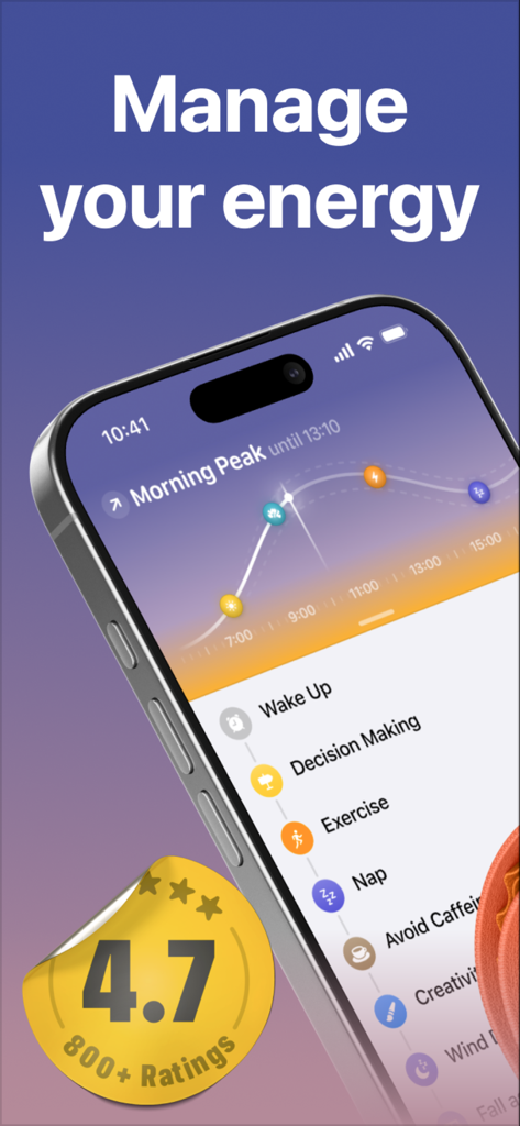 Peaks: Sleep & Energy - Captura de pantalla de la aplicación móvil Peaks que muestra ciclos de energía diarios y recomendaciones