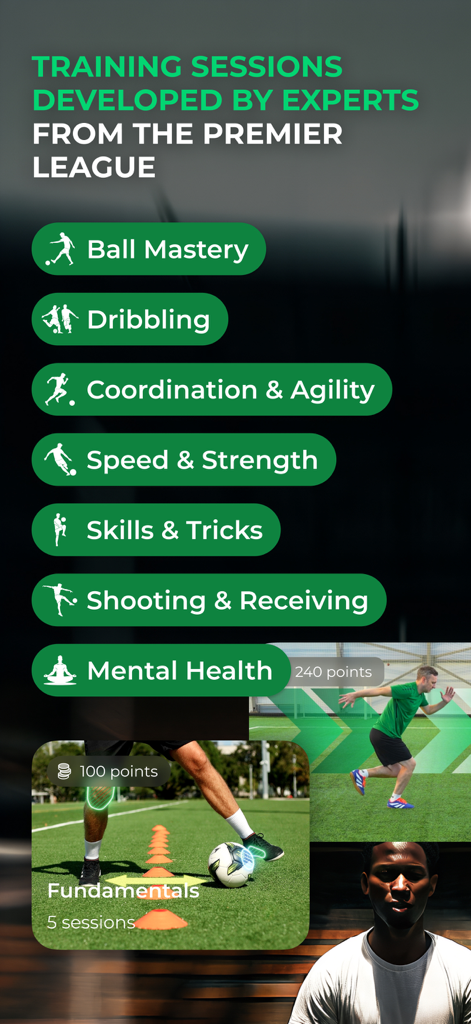 Ball in Goal: Soccer Training - Um menu de categorias de treinamento de futebol, incluindo domínio de bola, drible e chute