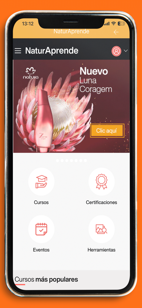 Mi Negocio Natura Bolivia - Captura de pantalla del panel de Natura Aprende mostrando secciones de cursos, certificaciones, eventos y herramientas.