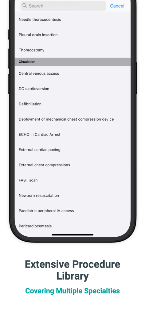 Tela de smartphone exibindo uma lista pesquisável de procedimentos médicos no aplicativo Logitbox.