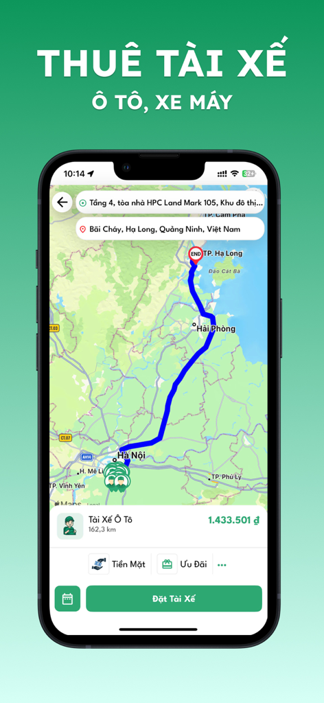 Screenshot of the Thuelai app showing a travel route on a map and a button to hire a professional driver