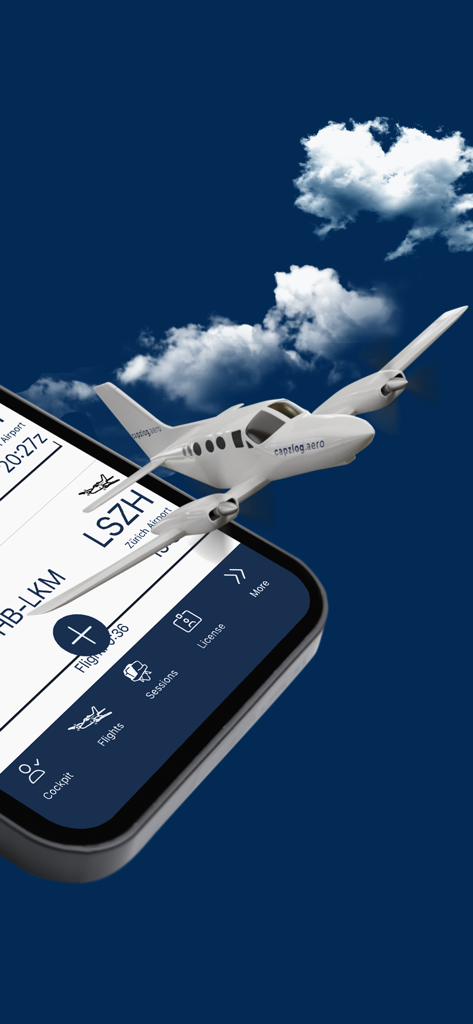 capzlog.aero pilot logbook - Smartphone screen displaying the capzlog.aero pilot logbook app with a small airplane flying over it