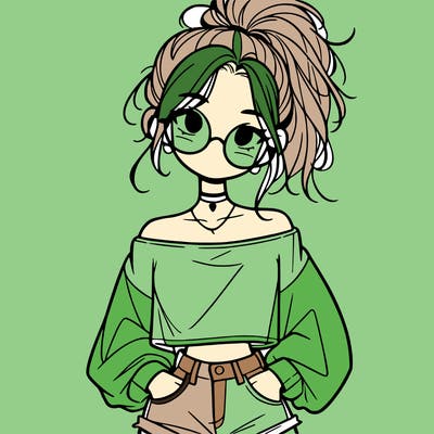 girl with a messy ponytail glasses a baggy crop top and jean shorts